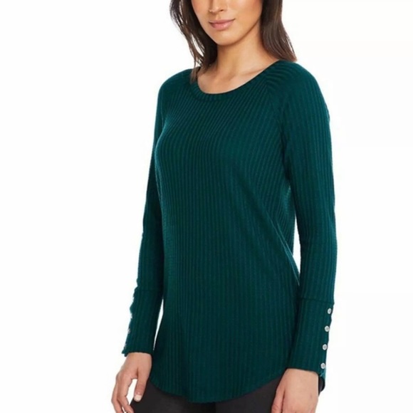 Teal Blue Waffle Knit Top, Raglan Sleeves, Tunic Length Soft & Cozy, Chaser, New - Picture 3 of 12